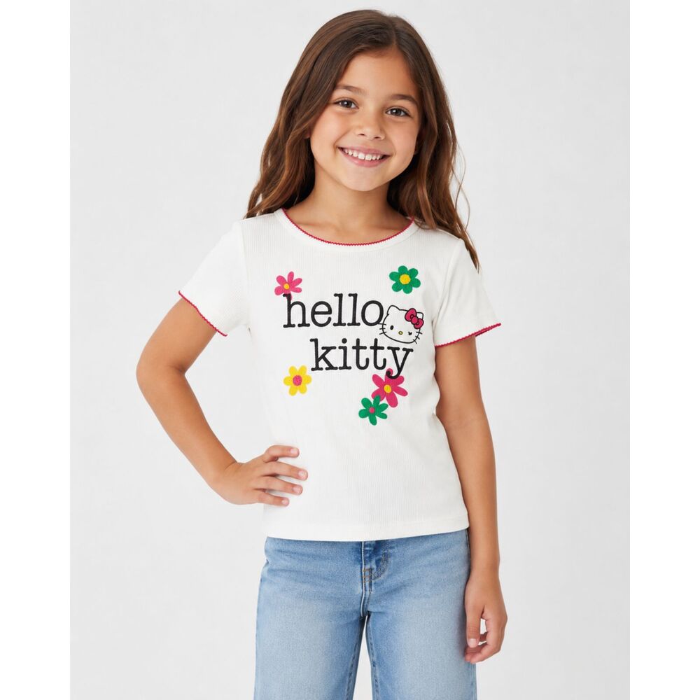 Hello Kitty Girls Size 7 White Ribbed Floral Graphic Tee NWT Sanrio Cute Top #13